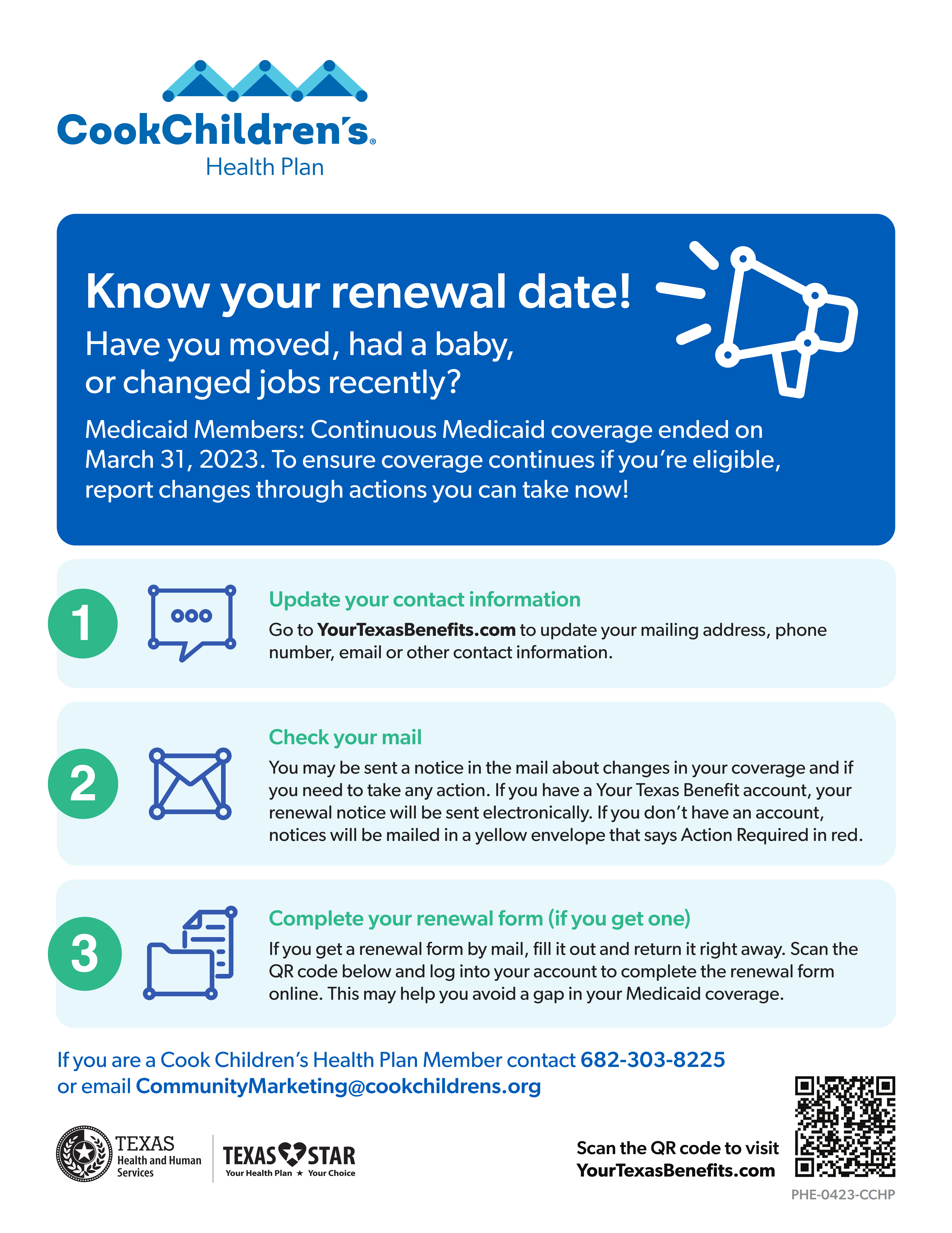 Know your renewal date! Medicaid coverage ended March 31, 2023. Update info & check mail for renewal. CookChildren's